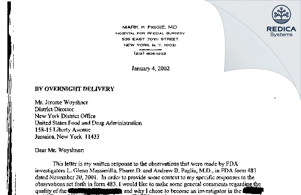 FDA 483 Response - Mark P.Figgie, M.D. [New York / United States of America] - Download PDF - Redica Systems