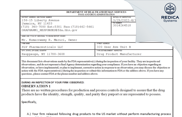 FDA 483 - SLV Pharmaceuticals LLC [Hauppauge / United States of America] - Download PDF - Redica Systems