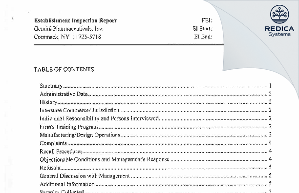 EIR - Gemini Pharmaceuticals, Inc. dba Plus Pharma [New York / United States of America] - Download PDF - Redica Systems