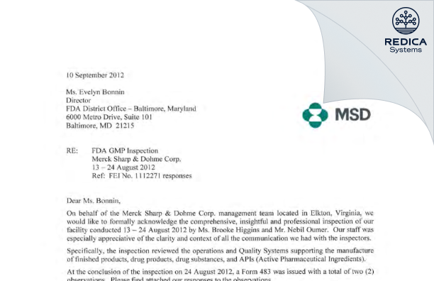 FDA 483 Response - Merck Sharp & Dohme LLC [Elkton / United States of America] - Download PDF - Redica Systems