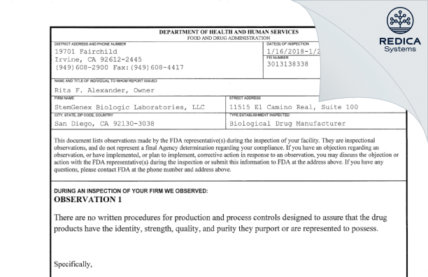 FDA 483 - StemGenex Biologic Laboratories, LLC [San Diego / United States of America] - Download PDF - Redica Systems