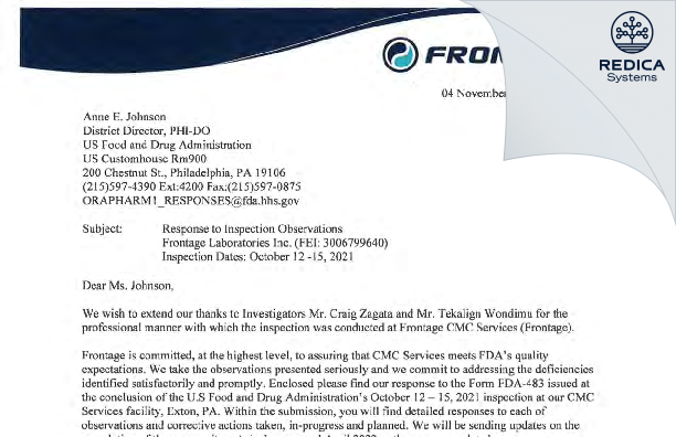 FDA 483 Response - Frontage Laboratories, Inc. [Exton Pennsylvania / United States of America] - Download PDF - Redica Systems