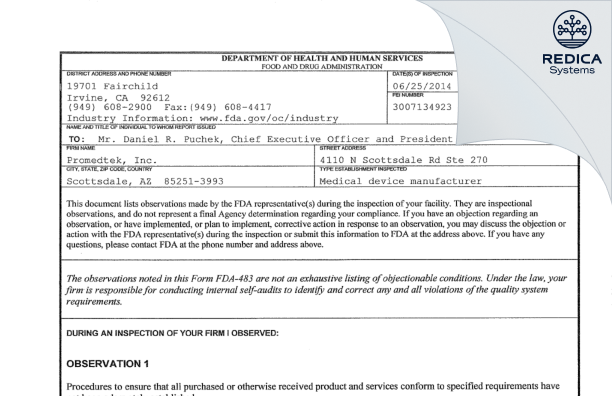 FDA 483 - Promedtek, Inc. [Scottsdale / United States of America] - Download PDF - Redica Systems
