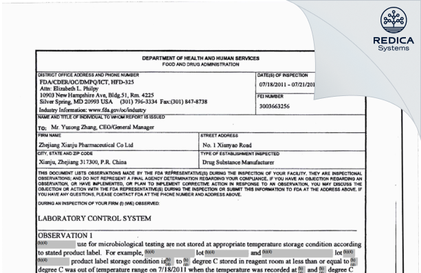 FDA 483 - Zhejiang Xianju Pharmaceutical Co. Ltd.(Yangfu API) [Taizhou / China] - Download PDF - Redica Systems