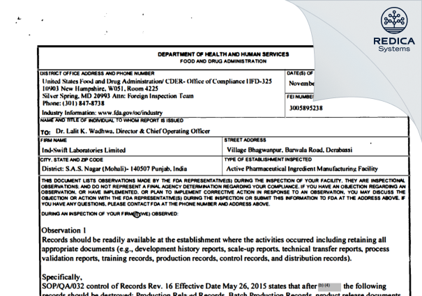 FDA 483 - Ind Swift Laboratories Limited [Mohali / India] - Download PDF - Redica Systems
