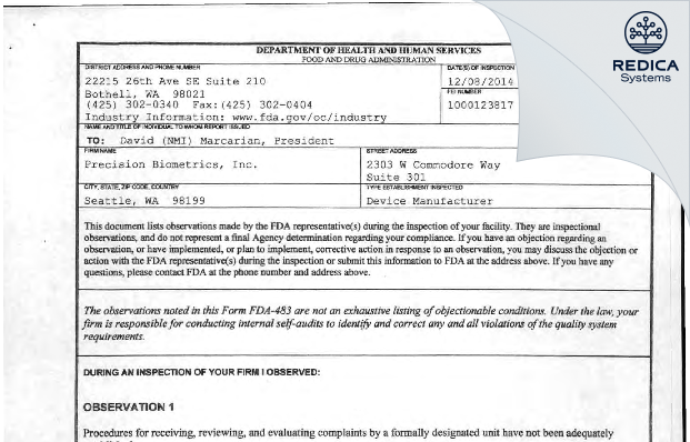 FDA 483 - Precision Biometrics, Inc. [Seattle / United States of America] - Download PDF - Redica Systems
