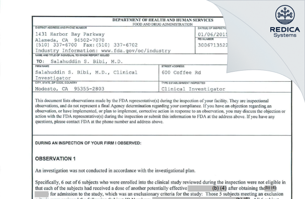 FDA 483 - Salah Bibi, M.D. [Modesto / United States of America] - Download PDF - Redica Systems