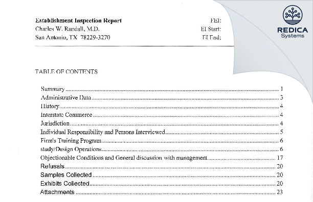 EIR - Charles W. Randall, M.D. [San Antonio / United States of America] - Download PDF - Redica Systems