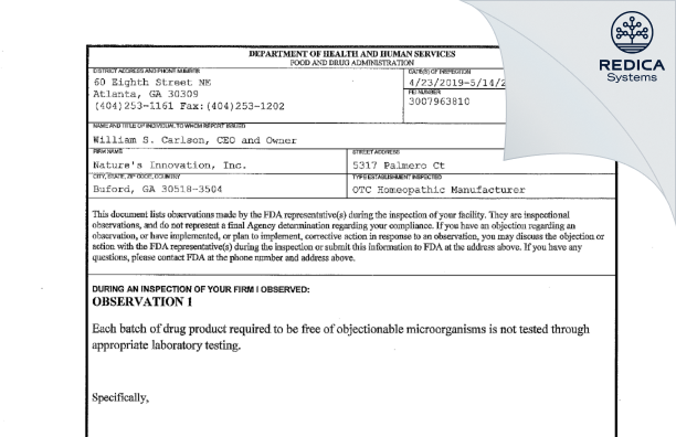 FDA 483 - Nature's Innovation, Inc. [Buford / United States of America] - Download PDF - Redica Systems