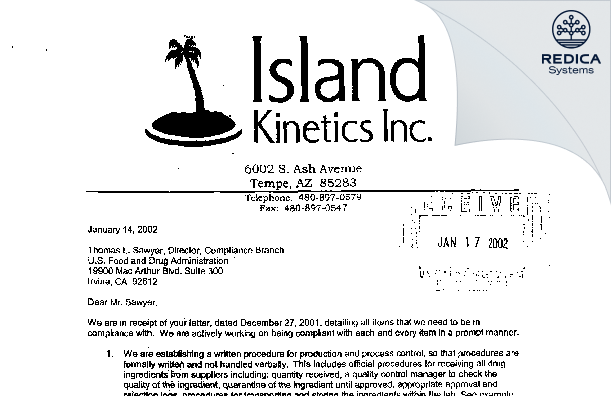 FDA 483 Response - Island Kinetics, Inc. d.b.a. CoValence Laboratories [Chandler / United States of America] - Download PDF - Redica Systems