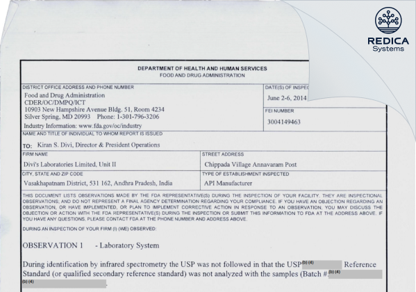 FDA 483 - DIVI'S LABORATORIES LIMITED [India / India] - Download PDF - Redica Systems