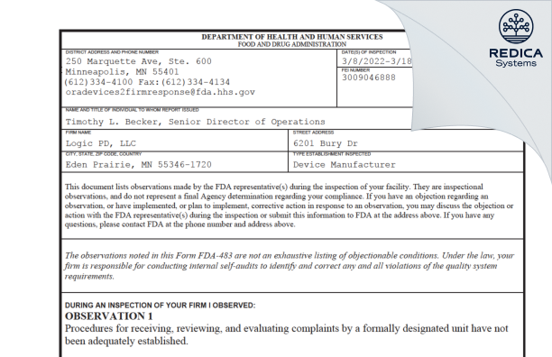 FDA 483 - Logic PD, LLC [Eden Prairie / United States of America] - Download PDF - Redica Systems