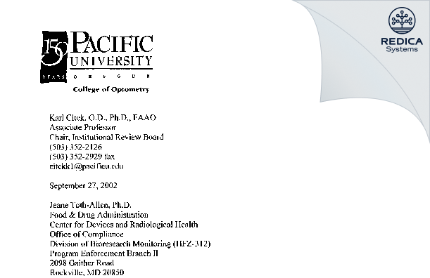 FDA 483 Response - Pacific University Institutional Review Board [Forest Grove / United States of America] - Download PDF - Redica Systems