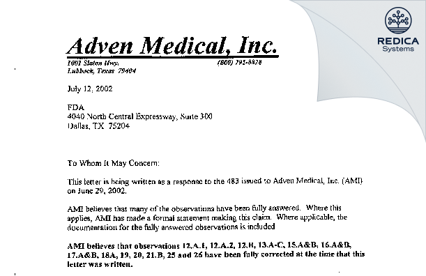 FDA 483 Response - Adven Medical, Inc [Lubbock / United States of America] - Download PDF - Redica Systems