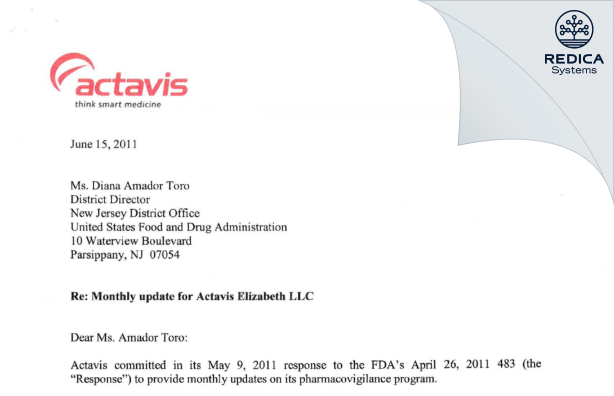 FDA 483 Response - Actavis Elizabeth LLC [Elizabeth / United States of America] - Download PDF - Redica Systems