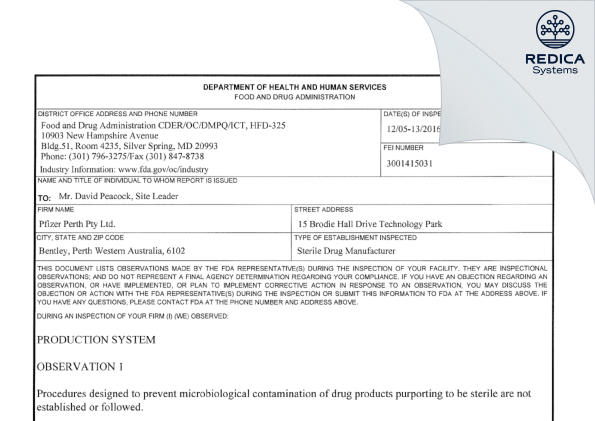 FDA 483 - Bridgewest Perth Pharma Pty Ltd [Perth / Australia] - Download PDF - Redica Systems