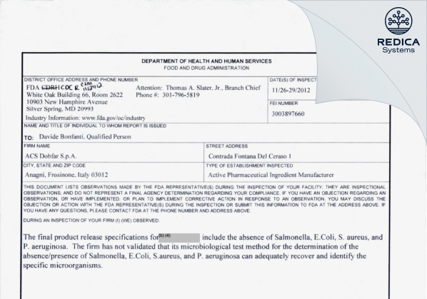 FDA 483 - ACS Dobfar S.p.A. [Italy / Italy] - Download PDF - Redica Systems