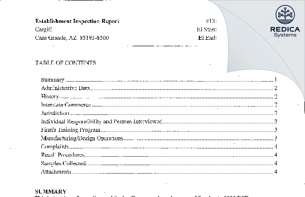 EIR - CARGILL INCORPORATED [Casa Grande / United States of America] - Download PDF - Redica Systems