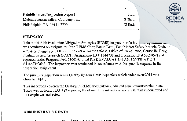 EIR - Frontida BioPharm Inc. [Philadelphia / United States of America] - Download PDF - Redica Systems