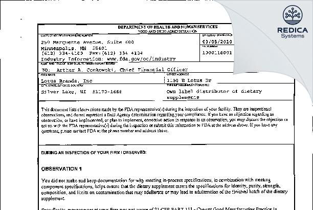 FDA 483 - Lotus Brands, Inc [Silver Lake / United States of America] - Download PDF - Redica Systems