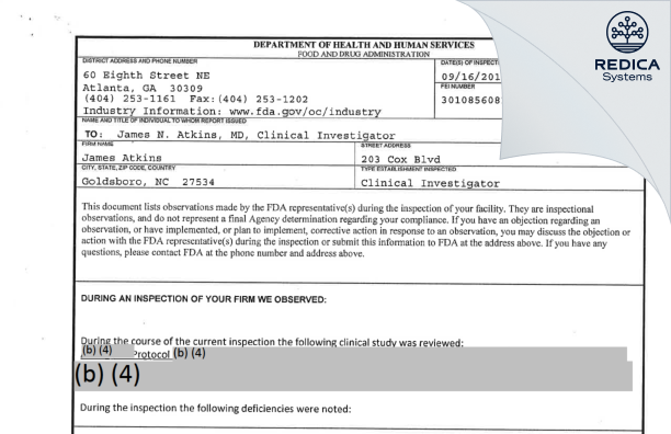FDA 483 - James Atkins [Goldsboro / United States of America] - Download PDF - Redica Systems