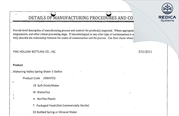 FDA 483 - Pine Hollow Springs Bottling Company Inc [Lowellville / United States of America] - Download PDF - Redica Systems