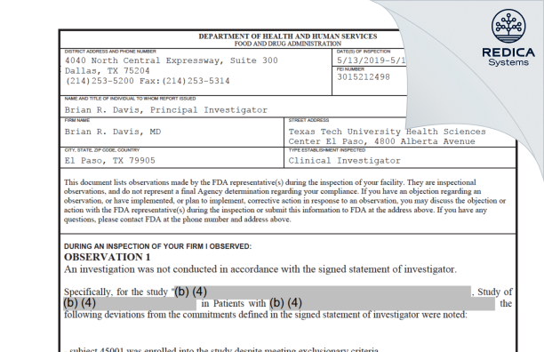 FDA 483 - Brian R. Davis, MD [El Paso / United States of America] - Download PDF - Redica Systems