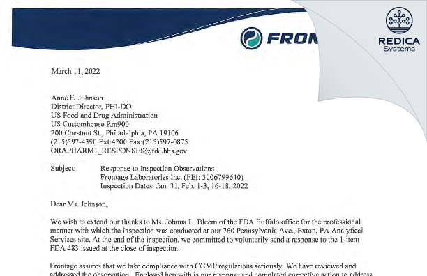 FDA 483 Response - Frontage Laboratories, Inc. [Exton Pennsylvania / United States of America] - Download PDF - Redica Systems