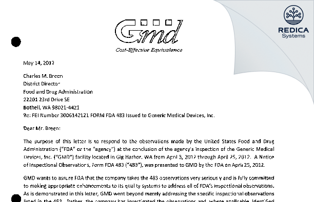 FDA 483 Response - Generic Medical Devices, Inc. [Gig Harbor / United States of America] - Download PDF - Redica Systems