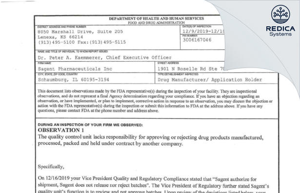 FDA 483 - Sagent Pharmaceuticals Inc [Schaumburg / United States of America] - Download PDF - Redica Systems