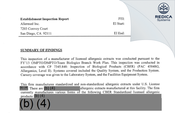 EIR - Allermed Laboratories, Inc. [San Diego / United States of America] - Download PDF - Redica Systems