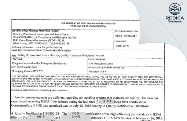 FDA 483 - Emergent BioSolutions Canada Inc [Canada / Canada] - Download PDF - Redica Systems