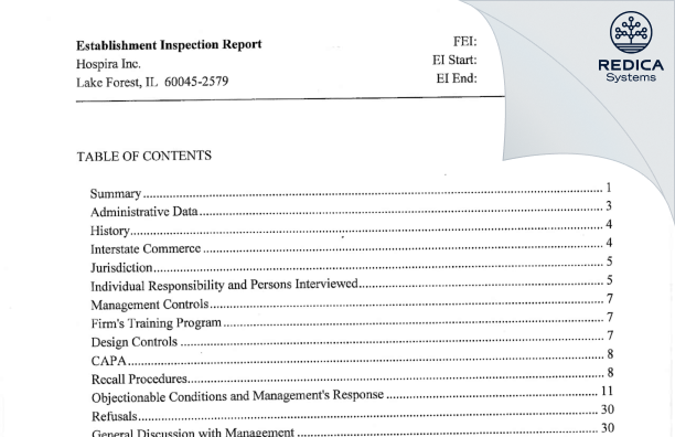 EIR - Hospira Inc., A Pfizer Company [Lake Forest / United States of America] - Download PDF - Redica Systems