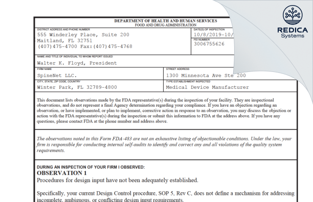 FDA 483 - SpineNet LLC. [Winter Park / United States of America] - Download PDF - Redica Systems