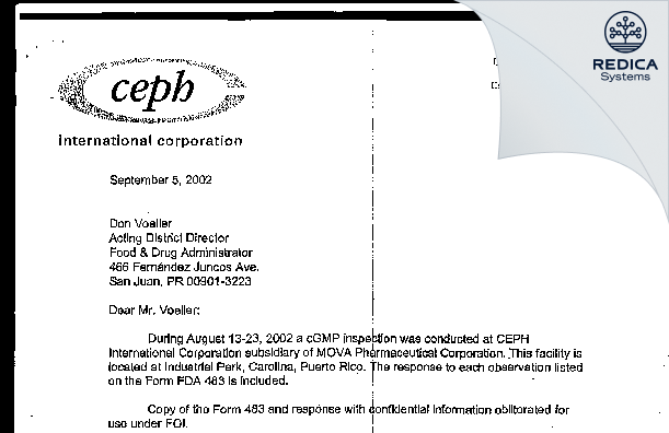 FDA 483 Response - CEPH International Corporation [Carolina / United States of America] - Download PDF - Redica Systems