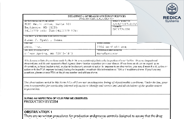 FDA 483 - Suco Inc [Silver Spring / United States of America] - Download PDF - Redica Systems