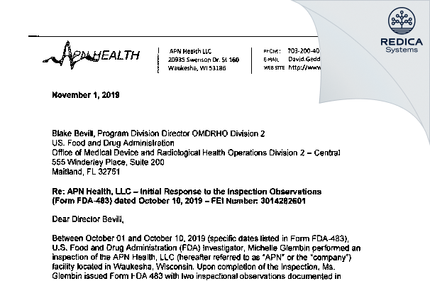 FDA 483 Response - APN Health LLC [Waukesha / United States of America] - Download PDF - Redica Systems