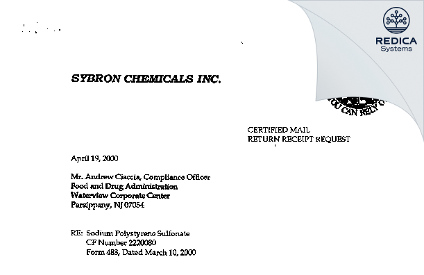 FDA 483 Response - Sybron Chemical Div [Birmingham / United States of America] - Download PDF - Redica Systems