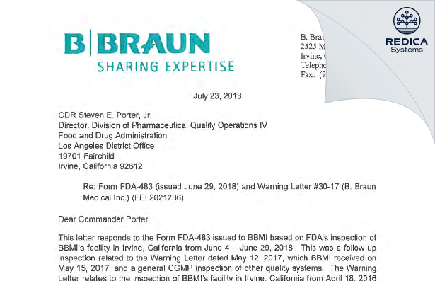 FDA 483 Response - B. Braun Medical Inc. [Irvine / United States of America] - Download PDF - Redica Systems