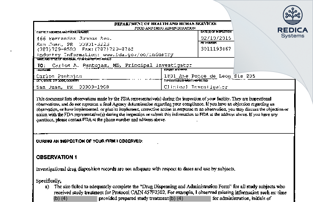 FDA 483 - Carlos Pantojas [San Juan / United States of America] - Download PDF - Redica Systems