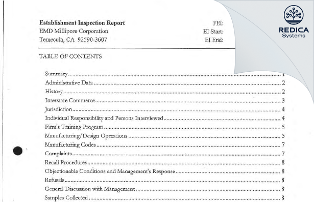 EIR - EMD Millipore Corporation [Temecula / United States of America] - Download PDF - Redica Systems