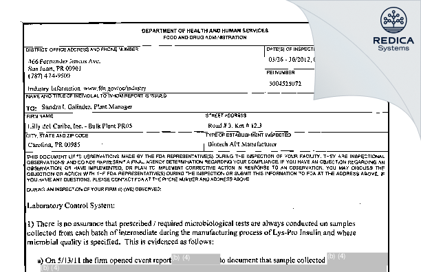 FDA 483 - Lilly del Caribe, Inc. [Carolina / United States of America] - Download PDF - Redica Systems