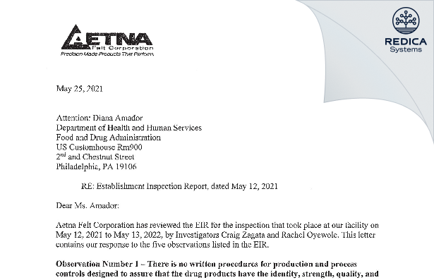 FDA 483 Response - Aetna Felt Corporation [Allentown / United States of America] - Download PDF - Redica Systems