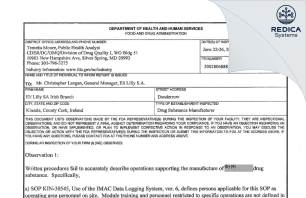 FDA 483 - Eli Lilly Kinsale Limited [Kinsale / Ireland] - Download PDF - Redica Systems