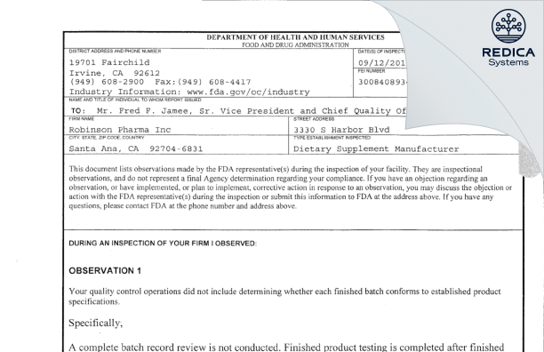 FDA 483 - Robinson Pharma Inc [Santa Ana / United States of America] - Download PDF - Redica Systems