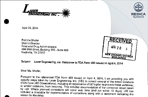 FDA 483 Response - Laser Engineering, Inc. [Nashville / United States of America] - Download PDF - Redica Systems