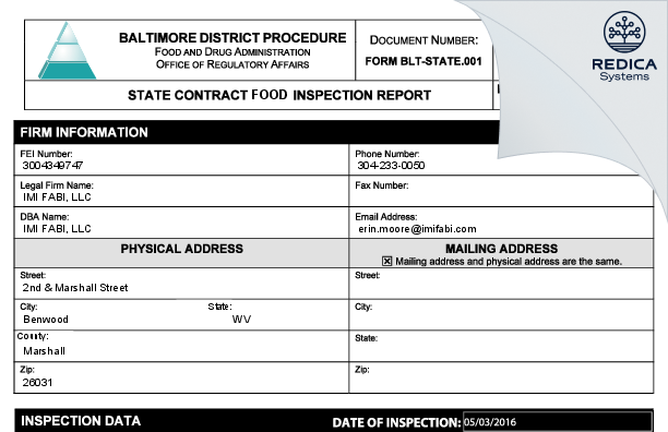 EIR - IMI FABI, LLC [Benwood / United States of America] - Download PDF - Redica Systems