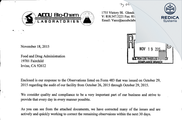 FDA 483 Response - ACCU BIO-CHEM LABS [California / United States of America] - Download PDF - Redica Systems