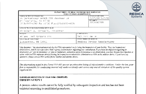 FDA 483 - ARCH-Quakertown [Quakertown / United States of America] - Download PDF - Redica Systems