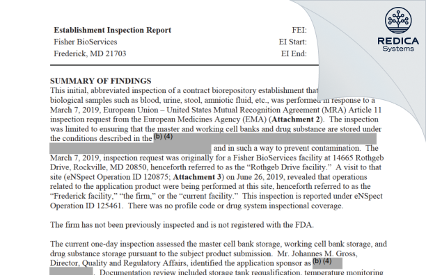 EIR - Fisher BioServices [Frederick / United States of America] - Download PDF - Redica Systems